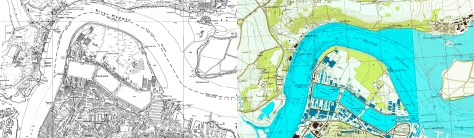 1:10,000 OS Map (right), & USSR targeting Map (left), both from 1984, the year of the Docks closure